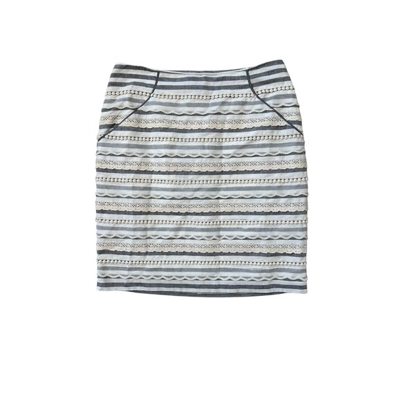 Tabitha Dresses & Skirts - Tabitha Anthropologie Ivory Gray Striped Skirt Pockets Lace Trim‎ Size 4